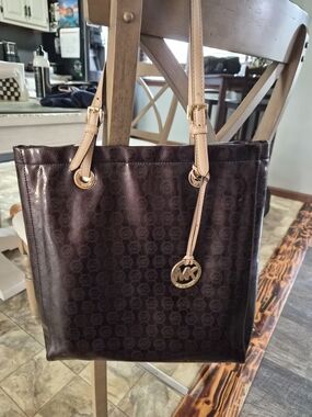 Michael Kors Patent Brown Logo Tote with Beige Straps